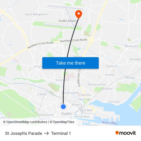 St Joseph's Parade to Terminal 1 map