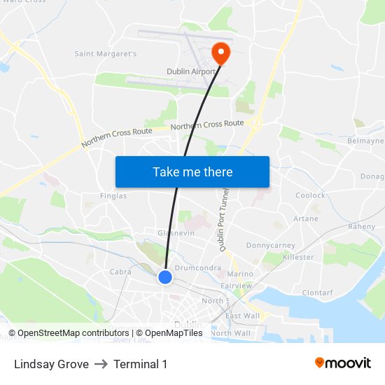 Lindsay Grove to Terminal 1 map