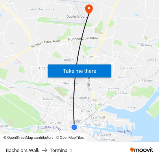 Bachelors Walk to Terminal 1 map