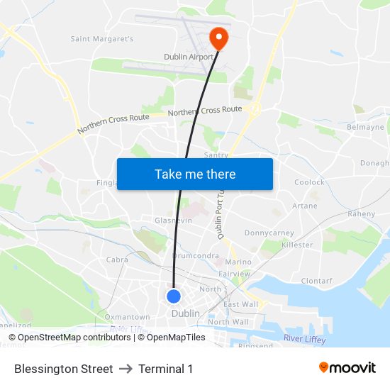 Blessington Street to Terminal 1 map