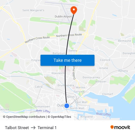 Talbot Street to Terminal 1 map