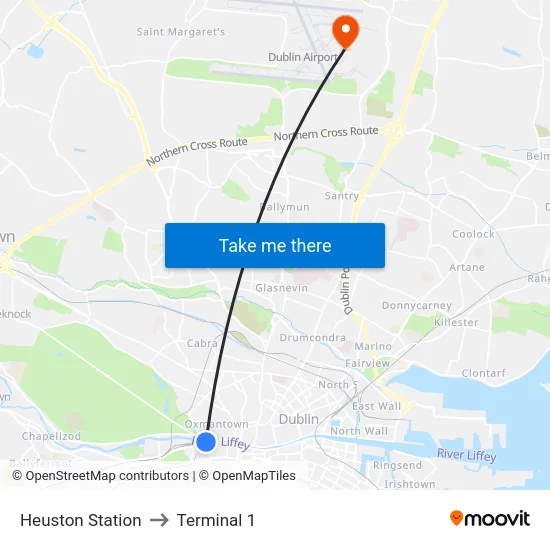 Heuston Station to Terminal 1 map