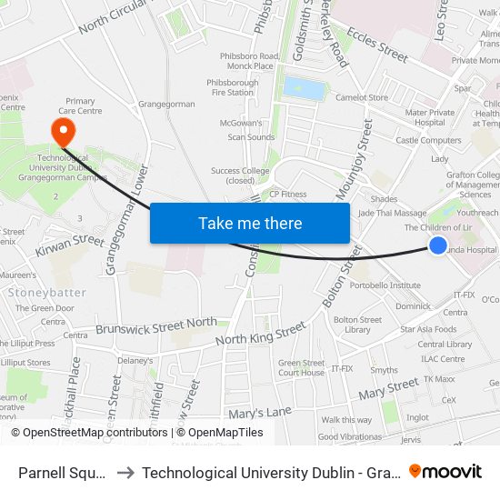 Parnell Square West to Technological University Dublin - Grangegorman Campus map