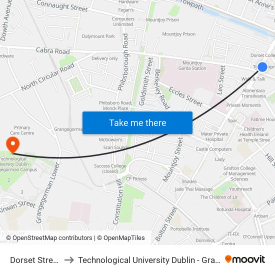 Dorset Street Lower to Technological University Dublin - Grangegorman Campus map