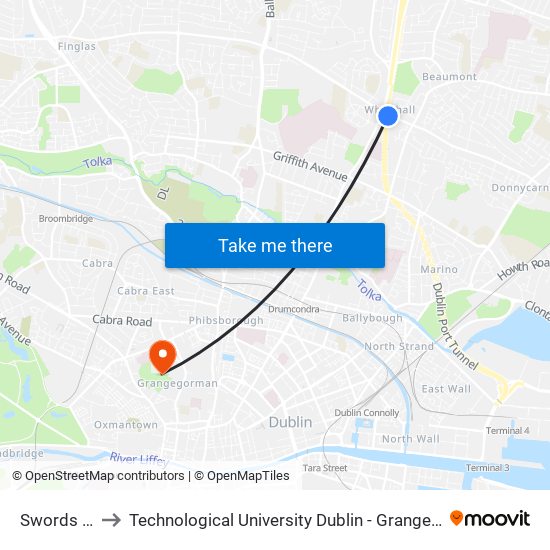 Swords Road to Technological University Dublin - Grangegorman Campus map