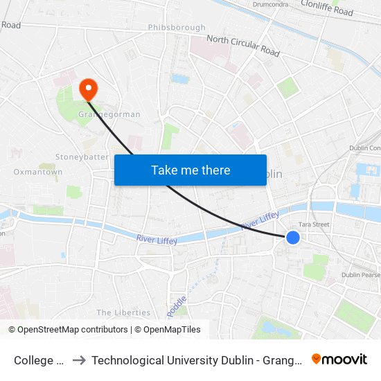 College Street to Technological University Dublin - Grangegorman Campus map