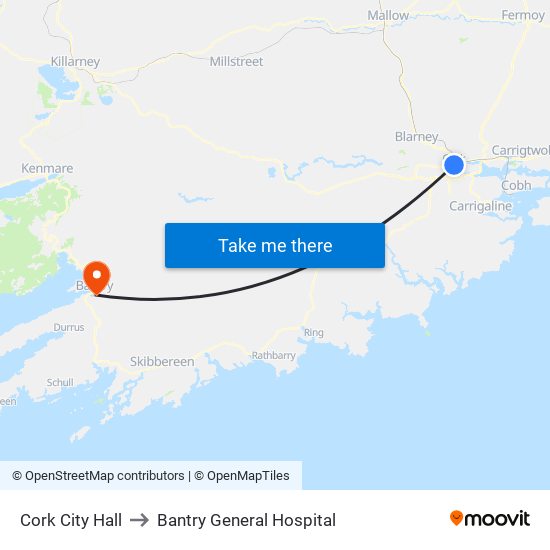 Cork City Hall to Bantry General Hospital map