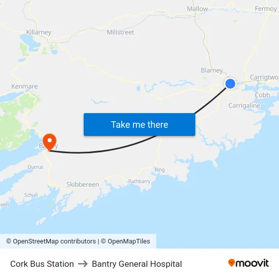 Cork Bus Station to Bantry General Hospital map