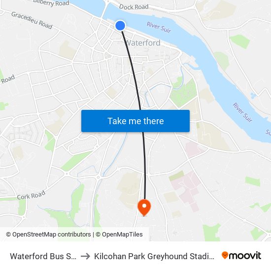 Waterford Bus Stn to Kilcohan Park Greyhound Stadium map