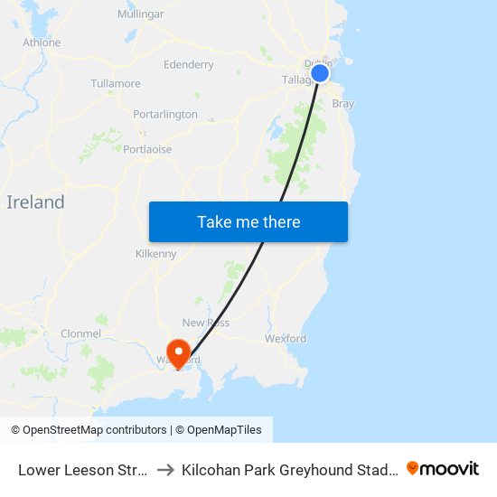 Lower Leeson Street to Kilcohan Park Greyhound Stadium map