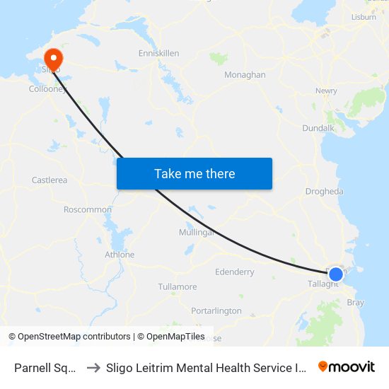 Parnell Square West to Sligo Leitrim Mental Health Service Inpatient Approved Centre map