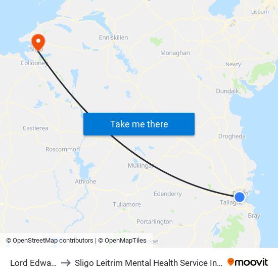 Lord Edward Street to Sligo Leitrim Mental Health Service Inpatient Approved Centre map