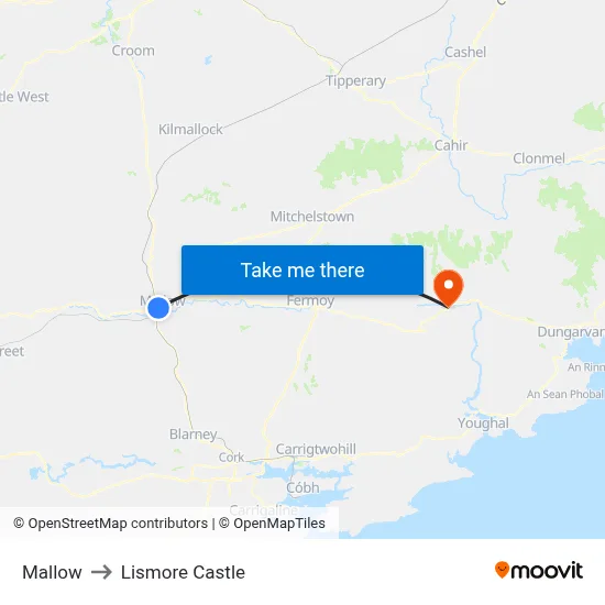 Mallow to Lismore Castle map