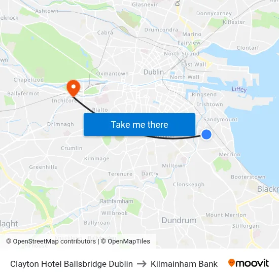 Clayton Hotel Ballsbridge Dublin to Kilmainham Bank map