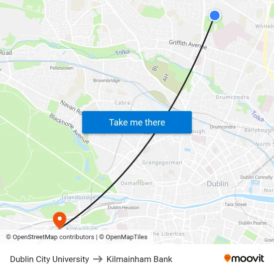 Dublin City University to Kilmainham Bank map