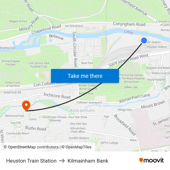 Heuston Train Station to Kilmainham Bank map