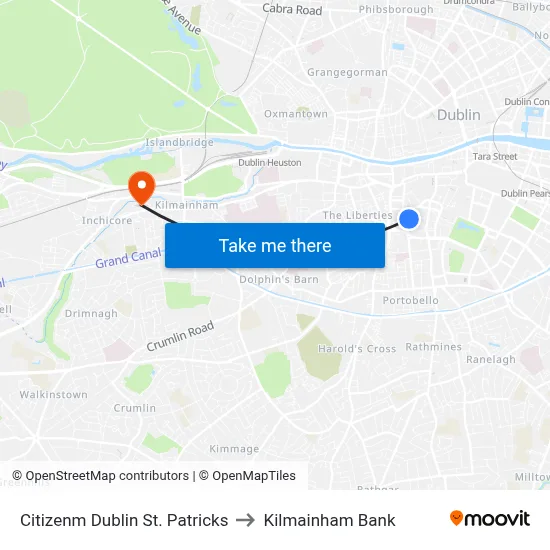 Citizenm Dublin St. Patricks to Kilmainham Bank map