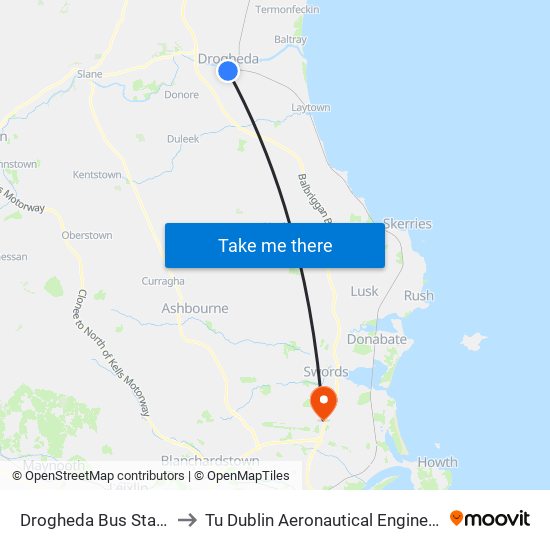 Drogheda Bus Station to Tu Dublin Aeronautical Engineering map