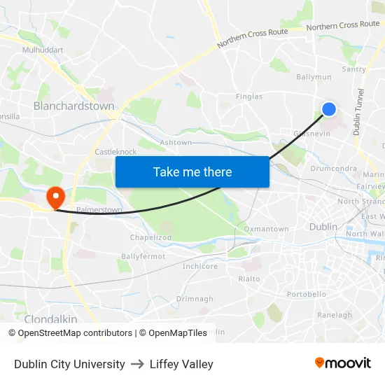 Dublin City University to Liffey Valley map
