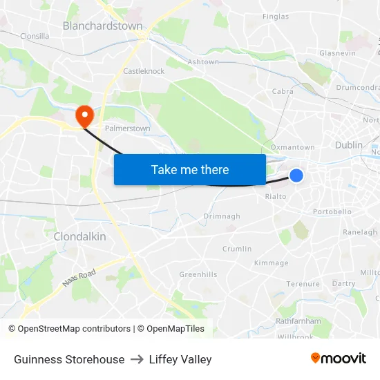 Guinness Storehouse to Liffey Valley map