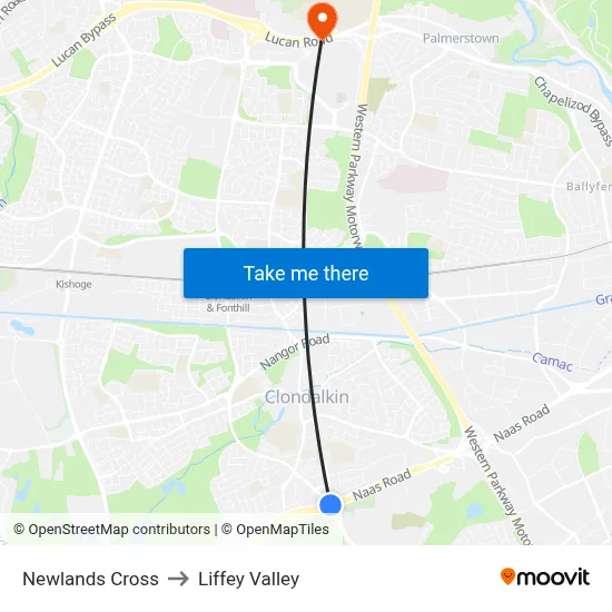 Newlands Cross to Liffey Valley map