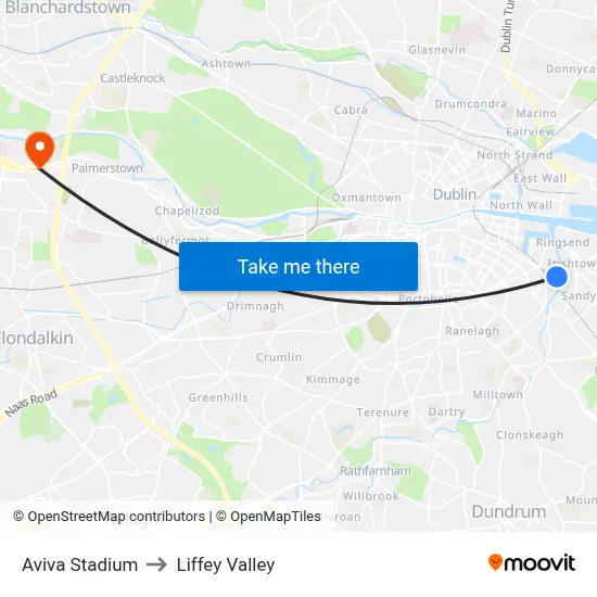 Aviva Stadium to Liffey Valley map
