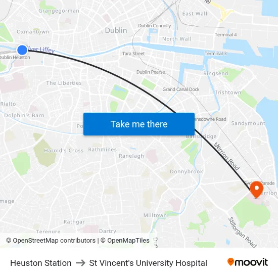 Heuston Station to St Vincent's University Hospital map