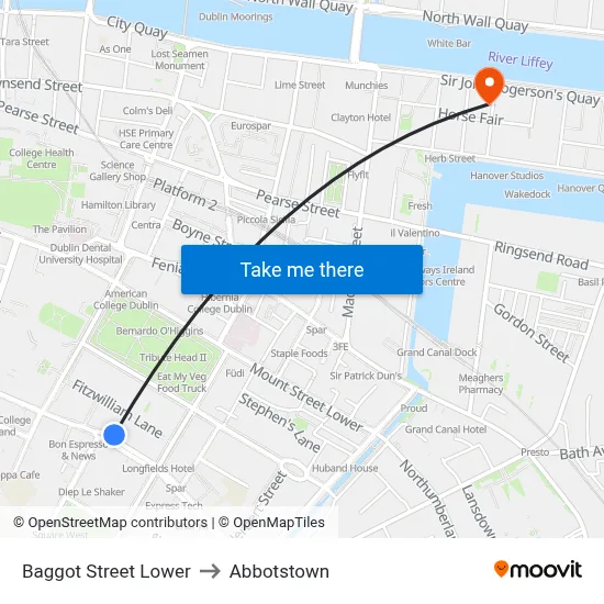 Baggot Street Lower to Abbotstown map