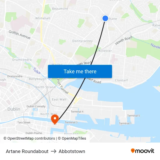 Artane Roundabout to Abbotstown map