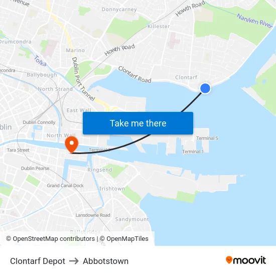 Clontarf Depot to Abbotstown map
