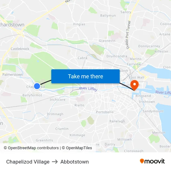 Chapelizod Village to Abbotstown map