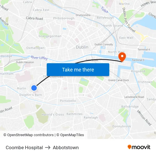 Coombe Hospital to Abbotstown map