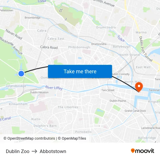 Dublin Zoo to Abbotstown map