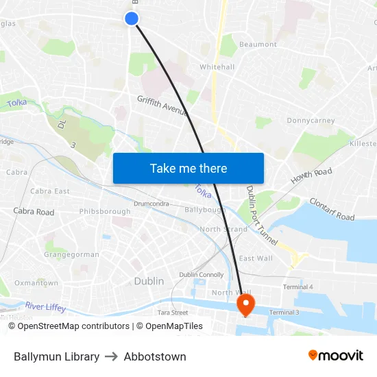 Ballymun Library to Abbotstown map