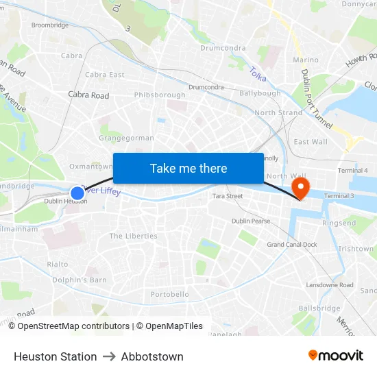 Heuston Station to Abbotstown map