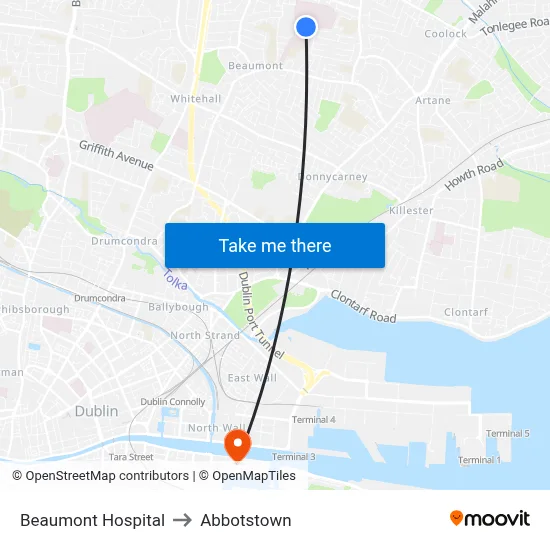 Beaumont Hospital to Abbotstown map