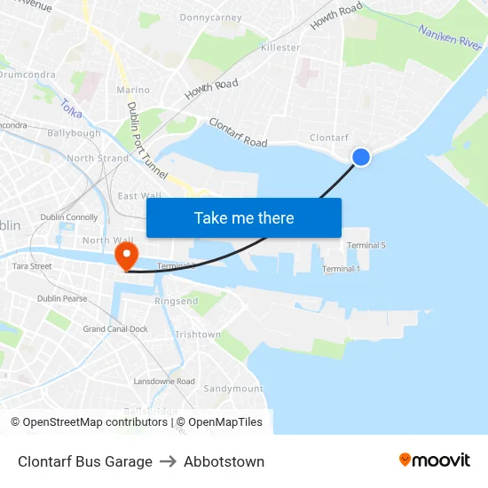 Clontarf Bus Garage to Abbotstown map