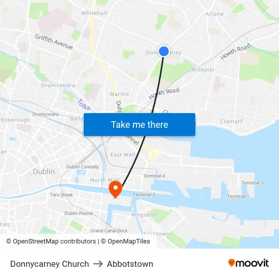 Donnycarney Church to Abbotstown map
