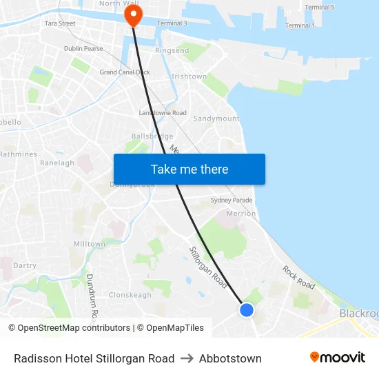 Radisson Hotel Stillorgan Road to Abbotstown map