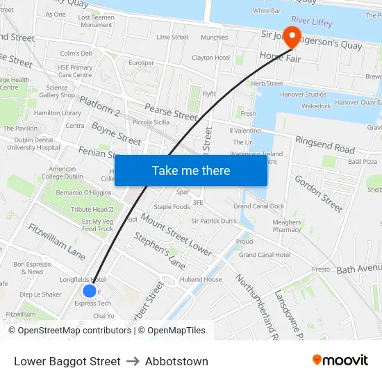Lower Baggot Street to Abbotstown map