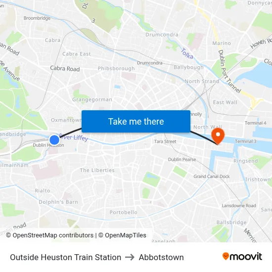 Outside Heuston Train Station to Abbotstown map