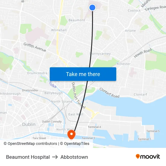 Beaumont Hospital to Abbotstown map
