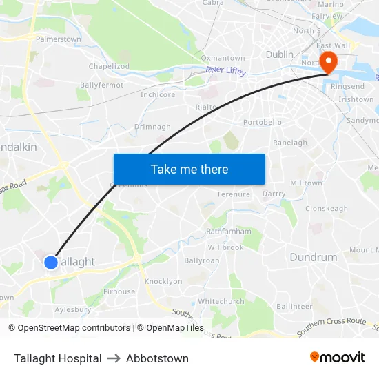 Tallaght Hospital to Abbotstown map