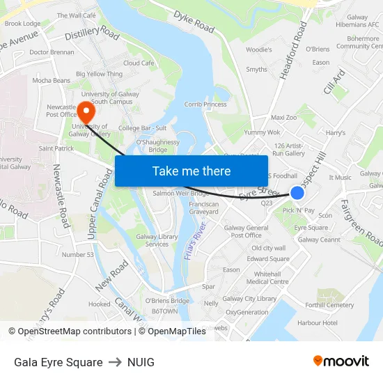 Gala Eyre Square to NUIG map