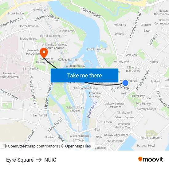 Eyre Square to NUIG map