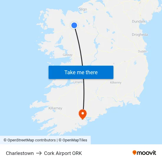 Charlestown to Cork Airport ORK map