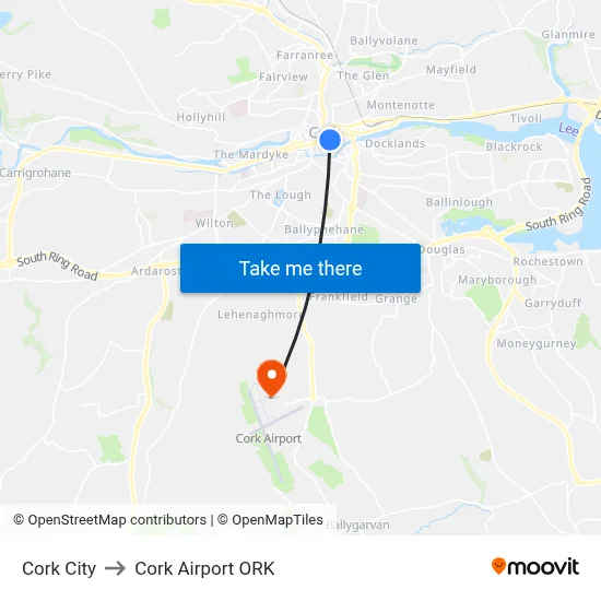 Cork City to Cork Airport ORK map