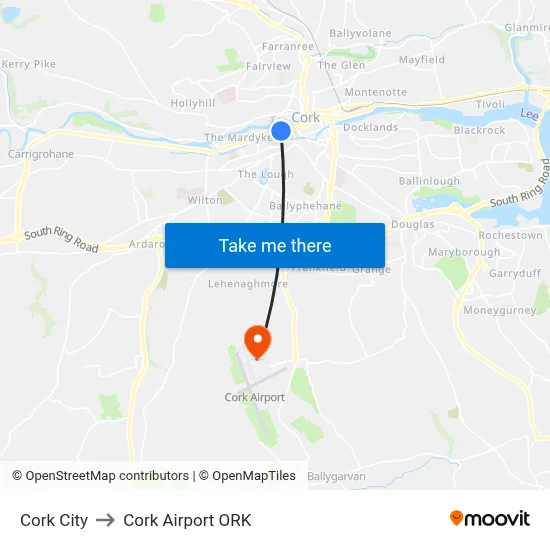 Cork City to Cork Airport ORK map