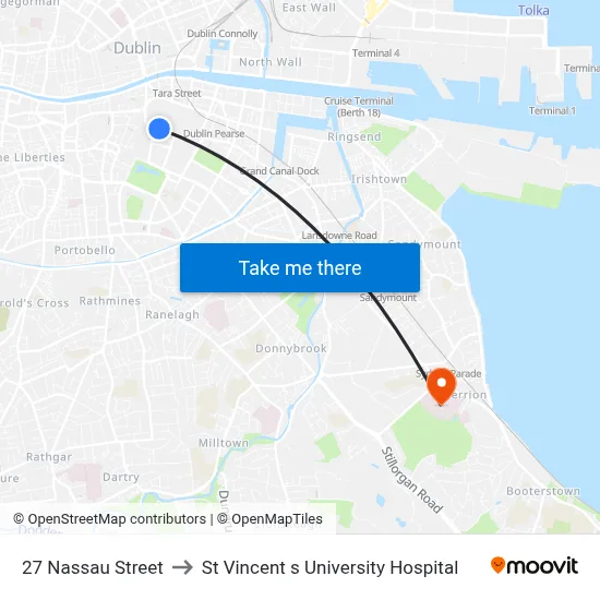 27 Nassau Street to St Vincent s University Hospital map