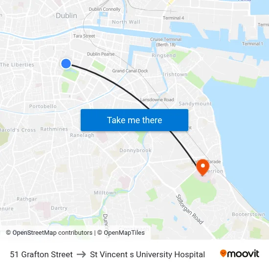 51 Grafton Street to St Vincent s University Hospital map